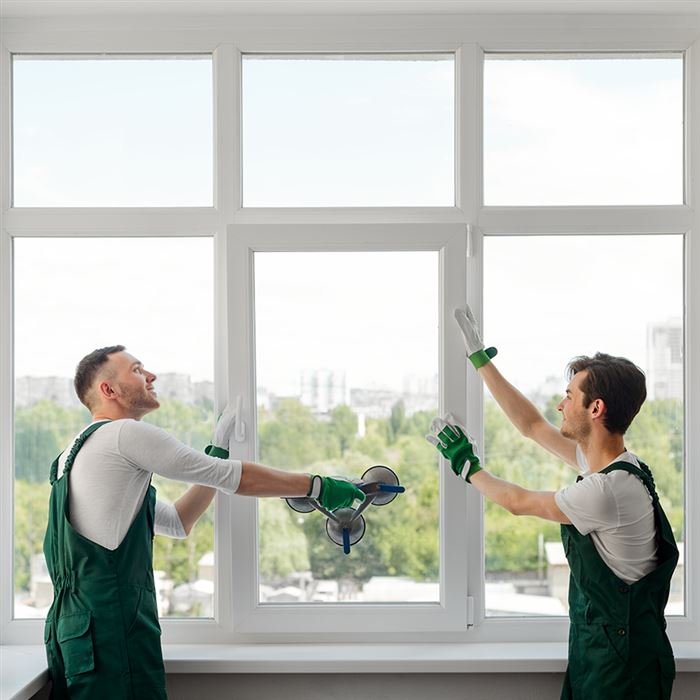 Miehet asentavat ikkunaa.
