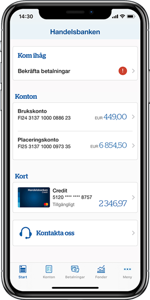 Mobilappens nya startsida med kundens val av konton och kort som visas.